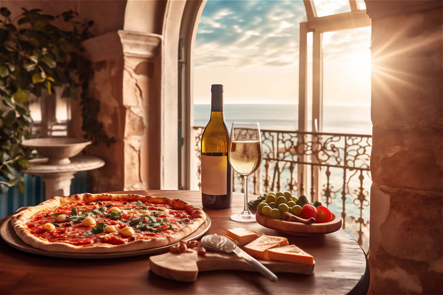 Repas avec une pizza et du vin